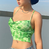 deanwangkt 90s Women Sleeveless Cami Top Y2K Aesthetic Green Backless Bandaged Crop Top E-girl Vintage Summer Tank Top Clothe Sexy Camisole