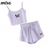 Christmas Gift Aproms Yellow Velvet Crop Top and Shorts Women 2 Pieces Set Summer Embroidery Cami Drawstring Shorts Female Loungewear Suit Deanwangkt