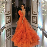 Sevintage Orange Ruffles Tulle Evening Party Dresses Strapless Tiered Plus Size Prom Dresses  A Line Special Occasion Gowns