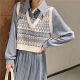 deanwangkt Vintage Argyle Knitted Vest Women V-Neck Sleeveless Oversized Pullovers Female Waistcoat Tops Autumn Casual Loose Sweater Vest