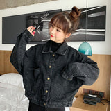 deanwangkt Harajuku Black Denim Short Jacket Women Korean Loose Bomber Jacket Female Outerwear Streetwear Long Sleeve Casual Overcoat Mujer