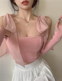 Sweet Girly Pink Camis Detachable Sleeve Bow Knitted Tank Tops Women Summer Fashion White Cropped Tops