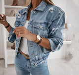 deanwangkt Women's  Casual Short Jean Jacket Sexy Denim Jackets Solid Casual Blue Cowboy Jackets Hole Loose Jean Coats