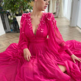 Chiffon Prom Dress  A-Line V-Neck Long Puffy Sleeves Butterfly Evening Gowns Saudi Arabia Custom Made Evening Dress