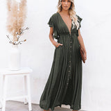 deanwangkt   Sexy Boho Dress Beach Cover Up Kaftan Women Long Beachwear Solid V Neck Ladies Holiday Dress Robe Plage Sarong Beach Pareos