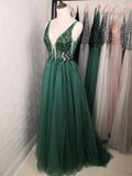 Sexy V-Neck Long Prom Dresses  Beaded Beading Crystal High Splits Backless A-Line Formal Gown Party Dress