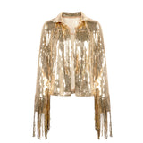 deanwangkt Performance Silver Tassel Sequin Jacket Retro Long-sleeved Silver Reflective Jacket Women Outwear Tops Sequin Coat Women's