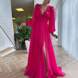 Chiffon Prom Dress  A-Line V-Neck Long Puffy Sleeves Butterfly Evening Gowns Saudi Arabia Custom Made Evening Dress