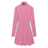 Christmas Gift Deanwangkt Women Fashion Chic Pink Side Split Slim Knitted Mini Dress Female Elegant Turtleneck Long Sleeve Dresses Vestidos