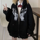 deanwangkt Butterfly Print Hooded Jackets Women Autumn Punk Zip-up Loose Coats Female Harajuku Hip Hop Streetwear Y2k Aesthetic Hoodies