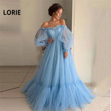 LORIE Blue Prom Dresses Long Sleeve Off the Shoulder Princess Dress  Tulle Lace-up Formal Evening Party Dresses Plus Size