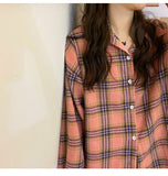 deanwangkt Plaid Shirts Women Lantern Sleeve Cardigan Vintage Top Pink Purple Checkered Beautiful Blouse Fashion Button Up Oversize