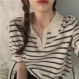 Wenkouban T-Shirts Women Tees Striped Vintage Office Lady Y2k Top V-Neck Summer Harajuku BF Classic Cropped Soft Streetwear Fashion Design