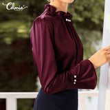 Women Satin Blouses Elegant Long Sleeve Silk Tops  Pearl Stand Collar Female Office Shirts Solid Casual Party Blusas