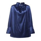 Women Satin Blouses Elegant Long Sleeve Silk Tops  Pearl Stand Collar Female Office Shirts Solid Casual Party Blusas