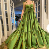 UZN New Arrival A-Line Green Satin Bustier Prom Dress Elegant Spagetti Straps Ruffles Evening Dress Plus Size Party Dress