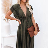 deanwangkt   Sexy Boho Dress Beach Cover Up Kaftan Women Long Beachwear Solid V Neck Ladies Holiday Dress Robe Plage Sarong Beach Pareos