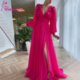 Chiffon Prom Dress  A-Line V-Neck Long Puffy Sleeves Butterfly Evening Gowns Saudi Arabia Custom Made Evening Dress