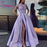 Prom Dresses  with High Slit Satin Lace Beaded Purple Vestidos De Gala Evening Party Dresses Prom Gown Robe De Soiree