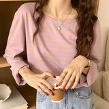 Wenkouban Women's Cotton Striped Top O Neck Loose Casual All-Match T Shirts Female Long Sleeve Basic Fashion Korean New Tees T-Shirt Femme