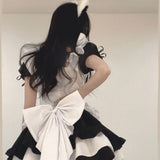 deanwangkt Lolita Dress Black White Kawaii Maid Mini Dresses Summer French Cute Bowknot Cosplay Costume Waitress Party Outfits