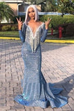 DEANWANGKT Blue Muslim Evening Dresses  Mermaid Long Sleeves Sequins Sparkle Islamic Dubai Kaftan Saudi Arabia Long Evening Gown