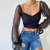 Wenkouban Sexy Polka Dots Crop Tops Women Low Cut Backless See Through Short Chiffon Mesh T Shirt Female Club Party Elegant Tees