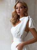 Joskaa Elegant Short Jumpsuit Wedding Dress Stain Long Sweep Train One Bow Shoulder Waisted Backless Bridal Gown