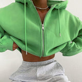 deanwangkt Autumn Winter Women Green Long Sleeve Streetwear Hooded Zipper Sweatshirt Coats Loose Oversized Crop Top Short Jackets