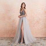 Sexy V-Neck Long Prom Dresses  Beaded Beading Crystal High Splits Backless A-Line Formal Gown Party Dress