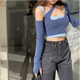 Wenkouban Sexy Patchwork Long Sleeve T-Shirts Women Slim Fit Fashion Crop Tops Hot Girls Irregular Skinny Elegant Casual Off-Shoulder Tees