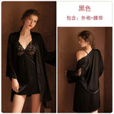 deanwangkt 3 Piece Lingerie Set with Robe Satin Pajamas Dress Cardigan Long Sleeve Top Sexy Sleepwear Bath Female Adult Nightwear Nightgown