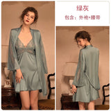 deanwangkt 3 Piece Lingerie Set with Robe Satin Pajamas Dress Cardigan Long Sleeve Top Sexy Sleepwear Bath Female Adult Nightwear Nightgown