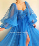 DEANWANGKT Simple Blue Prom Dresses Long Puff Sleeves Exposed Boning Illusion Evening Dresses High Slit Tulle A-Line Formal Gowns