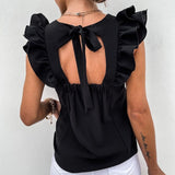 deanwangkt Elegant Women Solid Ruffle Blouses Shirts Sexy Back Hollow Out Tie-Up Bow Shirt Tops Office Lady O Neck Sleeveless Design Blusas