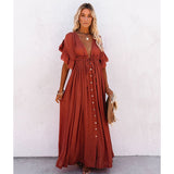 deanwangkt   Sexy Boho Dress Beach Cover Up Kaftan Women Long Beachwear Solid V Neck Ladies Holiday Dress Robe Plage Sarong Beach Pareos