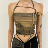 deanwangkt Fashion Print Sleeveless Crop Tops for Women Bandage Sexy Backless Tie Up Halter Top Female Cropped Top Summer