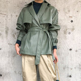 deanwangkt  New Spring Autumn Women Faux PU Leather Casual Streetwear Outwear Motorcycle Leather Jacket With Belt Green Biker Coat