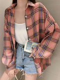 deanwangkt Plaid Shirts Women Lantern Sleeve Cardigan Vintage Top Pink Purple Checkered Beautiful Blouse Fashion Button Up Oversize