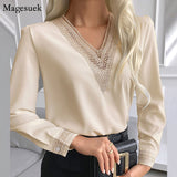 Graduation Gifts   Autumn Lace Crochet Satin Silk Chiffon Shirt Women Long Sleeve Woman Blouses Tops V Neck Solid Embroidery Shirts Blusas 15777