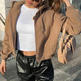 deanwangkt Autumn Winter Women Green Long Sleeve Streetwear Hooded Zipper Sweatshirt Coats Loose Oversized Crop Top Short Jackets