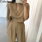 Christmas Gift Deanwangkt New Spring Summer Woman Sets 2 Piece Ankle-Length Wide Leg Pants High Waist Casual Single Breasted Suit WS1019