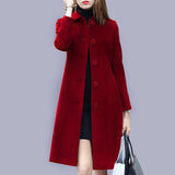 deanwangkt Fashion Ladies Wool Coat New Autumn Winter Mid-Length Single-Breasted Slim Blended Woolen Overcoat Red Blue Black Women Jacket