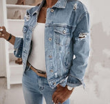 deanwangkt Women's  Casual Short Jean Jacket Sexy Denim Jackets Solid Casual Blue Cowboy Jackets Hole Loose Jean Coats