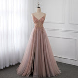 Sweet Dusty Pink Crystal Prom Dresses Long Straps Spaghetti See Through Tulle Evening Gown Slit Right YQLNNE