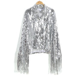 deanwangkt Performance Silver Tassel Sequin Jacket Retro Long-sleeved Silver Reflective Jacket Women Outwear Tops Sequin Coat Women's