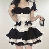 deanwangkt Lolita Dress Black White Kawaii Maid Mini Dresses Summer French Cute Bowknot Cosplay Costume Waitress Party Outfits