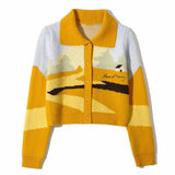 deanwangkt Women Winter Cardigans With Turn-Down Collar Seaside Scenery Print Long Sleeve Knitted Outwear Green Yellow Coat