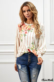 Deanwangkt - Apricot Round Neck Floral Print Balloon Sleeve Blouse