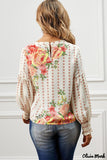 Deanwangkt - Apricot Round Neck Floral Print Balloon Sleeve Blouse